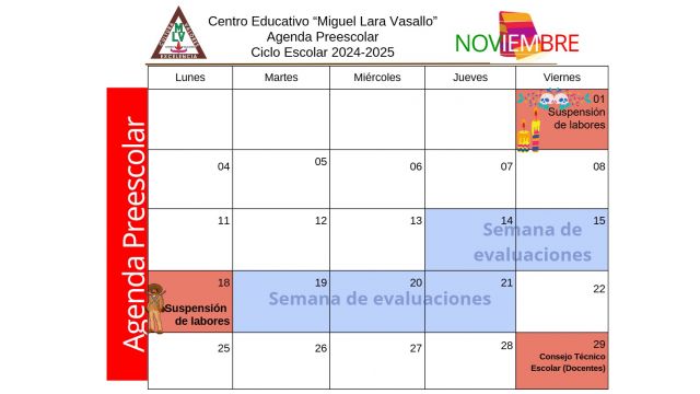 Centro Educativo Miguel Lara Vasallo Agenda Preescolar Noviembre 2024