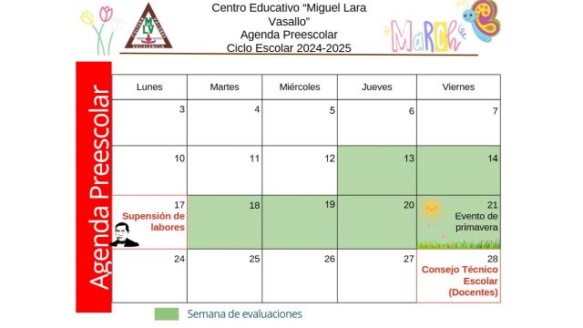 Centro Educativo Miguel Lara Vasallo Agenda Preescolar Marzo 2025