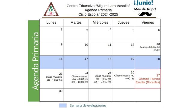 Centro Educativo Miguel Lara Vasallo Agenda Junio 2025 Primaria