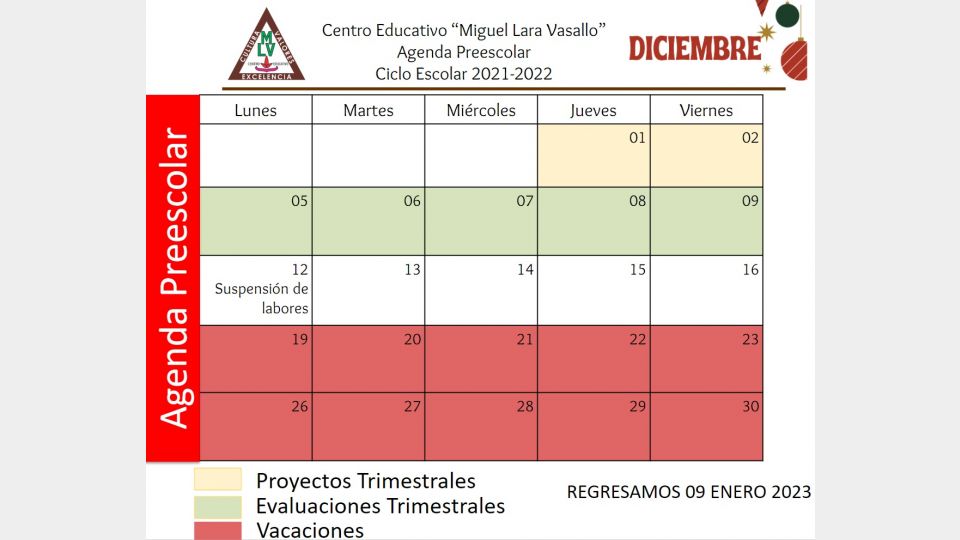 Agenda Preescolar Diciembre 2022 Centro Educativo Miguel Lara Vasallo