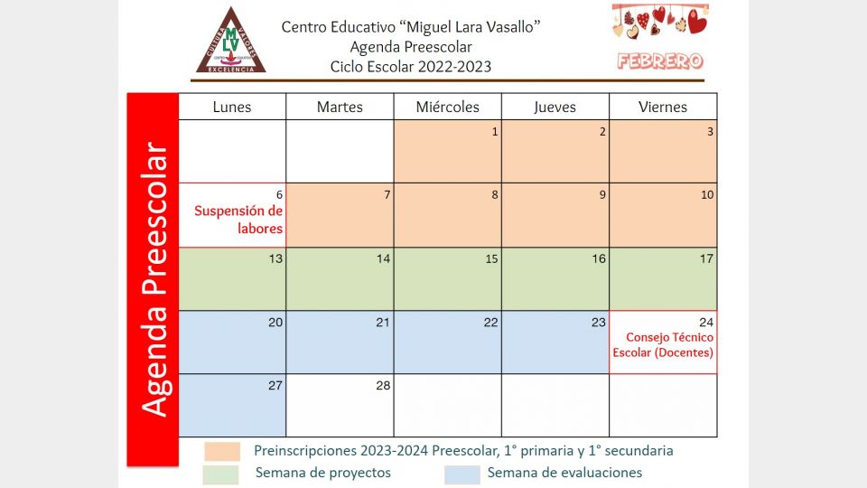 Agenda Preescolar Febrero 2023 Centro Educativo Miguel Lara Vasallo