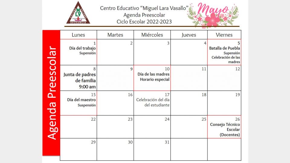 Agenda Preescolar Mayo 2023 Centro Educativo Miguel Lara Vasallo
