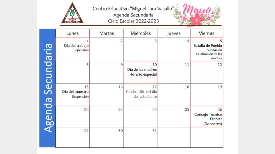 Agenda Secundaria Mayo 2023 Centro Educativo Miguel Lara Vasallo