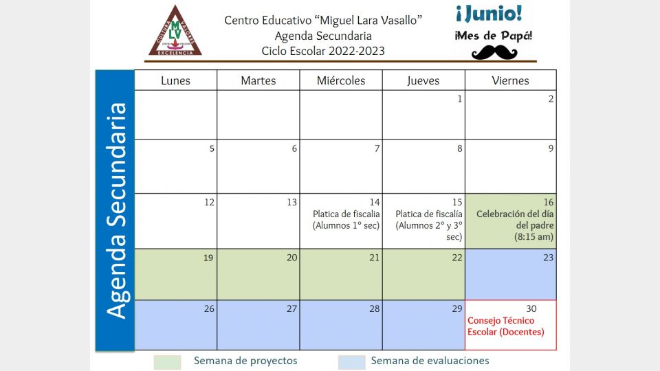 Agenda Secundaria Junio 2023 - Centro Educativo Miguel Lara Vasallo