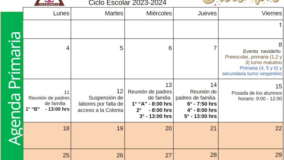 Agenda Primaria Diciembre 2023 Centro Educativo Miguel Lara Vasallo