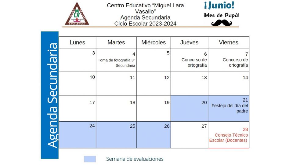Agenda Secundaria Junio 2024 Centro Educativo Miguel Lara Vasallo