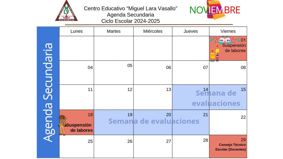 Agenda Secundaria Noviembre 2024 Centro Educativo Miguel Lara Vasallo