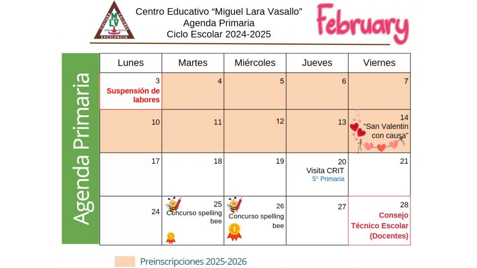 Agenda Primaria Febrero 2025 Centro Educativo Miguel Lara Vasallo