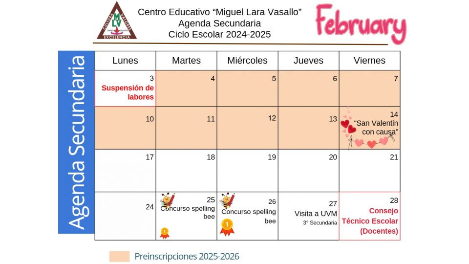 Agenda Secundaria Febrero 2025 Centro Educativo Miguel Lara Vasallo
