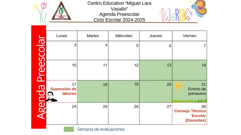 Agenda Preescolar Marzo 2025 Centro Educativo Miguel Lara Vasallo