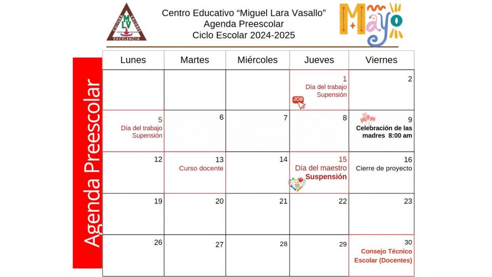 Agenda Preescolar Mayo 2025 Centro Educativo Miguel Lara Vasallo