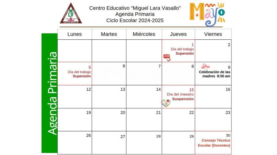 Agenda Primaria Mayo 2025 Centro Educativo Miguel Lara Vasallo
